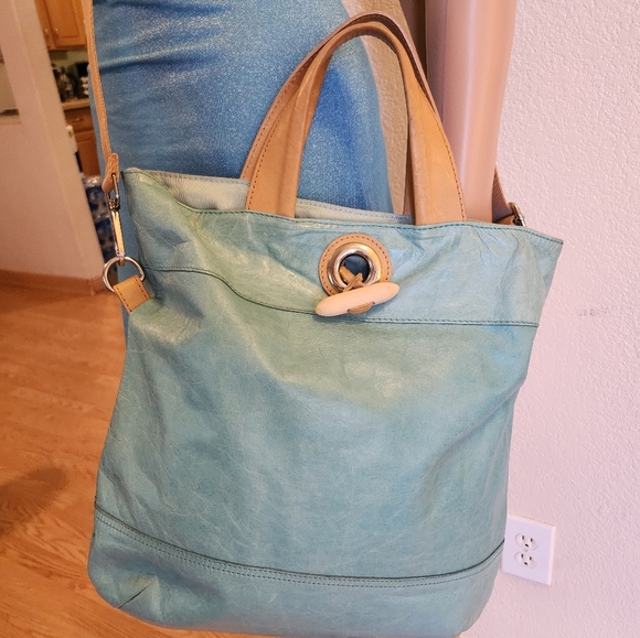 Maurizio Taiuti Blue and Tan Tote Bag with Leather Accents, Replacement Strap - Picture 15 of 16